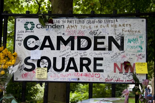 Tributes to Amy on the sign to Camden Square, in Camden, North London, her home when she died. Credit: Shutterstock