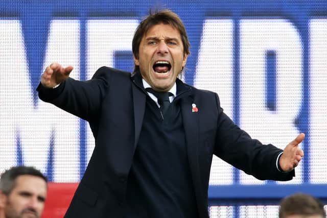 Antonio Conte, Manager of Tottenham Hotspur shows his emotions during the Premier League match between Everton and Tottenham Hotspur at Goodison Park on November 07, 2021 in Liverpool, England. (Photo by Clive Brunskill/Getty Images)