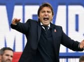 Antonio Conte, Manager of Tottenham Hotspur shows his emotions during the Premier League match between Everton and Tottenham Hotspur at Goodison Park on November 07, 2021 in Liverpool, England. (Photo by Clive Brunskill/Getty Images)