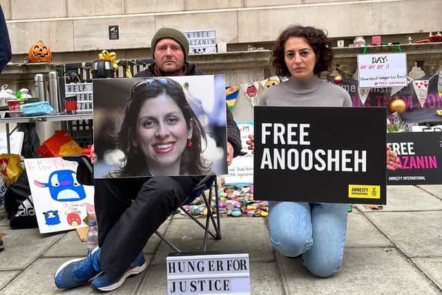 Richard Ratcliffe and Elika Ashoori outside the Foreign Office. Richard is campaigning for the release of his wife Nazanin Zaghari-Ratcliffe and Elika her father Anoosheh Ashoori, who have both been detained in Iran.Credit: Elika Ashoori