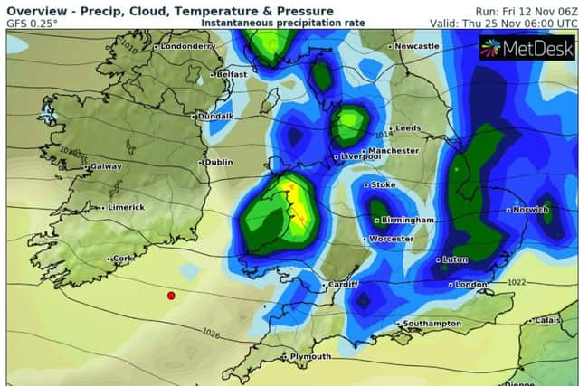 The green and blue sections in this chart denote rainfall over London towards the end of November.