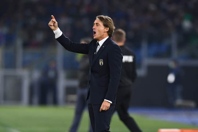  Head coach of Italy Roberto Mancini reacts during the 2022 FIFA World Cup Qualifier (Photo by Claudio Villa/Getty Images)