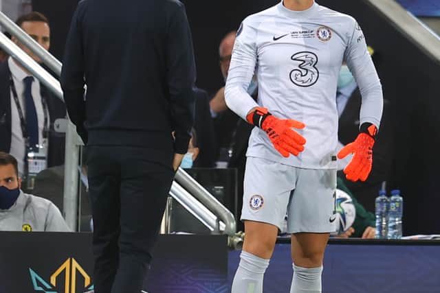 Kepa Arrizabalaga of Chelsea prepares to replace teammate Edouard Mendy  (Photo by Catherine Ivill/Getty Images)