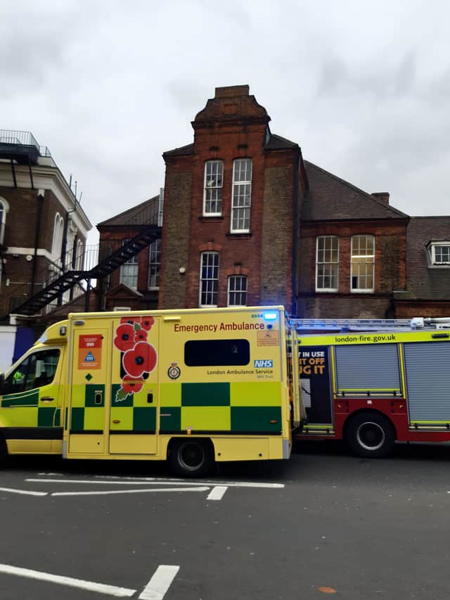 <p>Emergency services at Rosemead Prep School, in Dulwich, after a ceiling collapsed. Credit: LFB</p>