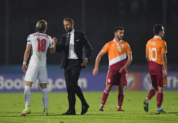 Conor Gallagher of England shakes hands with Gareth Southgate, Manager of England  (Photo by Alessandro Sabattini/Getty Images)