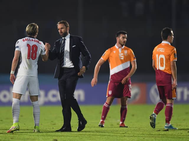 Conor Gallagher of England shakes hands with Gareth Southgate, Manager of England  (Photo by Alessandro Sabattini/Getty Images)