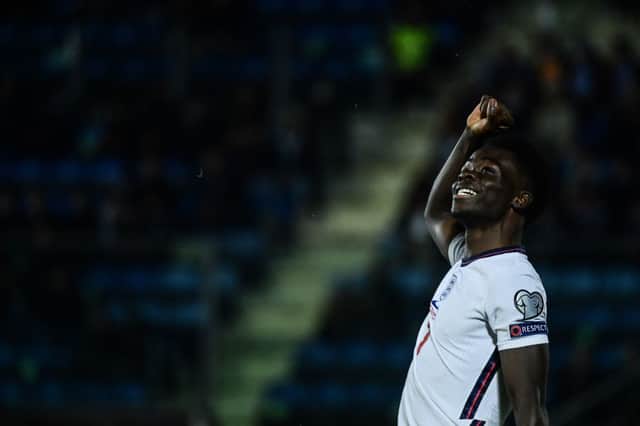 England’s midfielder Bukayo Saka celebrates after scoring  his side’s 10th goal during the FIFA World Cup Qatar 2022 qualification Group I football match between San Marino and England. Credit: FILIPPO MONTEFORTE/AFP via Getty Images