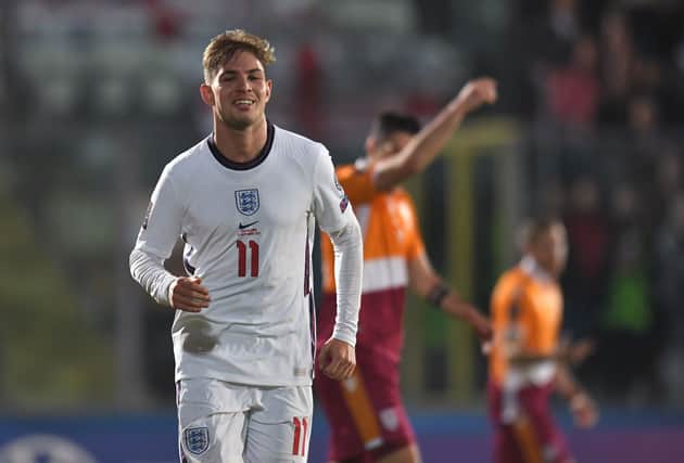Emile Smith Rowe of England celebrates after scoring their team’s seventh goal during the 2022 FIFA World Cup Qualifier match between San Marino and England. Credit: Alessandro Sabattini/Getty Images