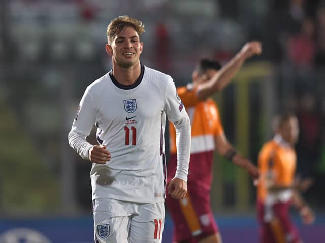 Emile Smith Rowe of England celebrates after scoring their team’s seventh goal during the 2022 FIFA World Cup Qualifier match between San Marino and England. Credit: Alessandro Sabattini/Getty Images