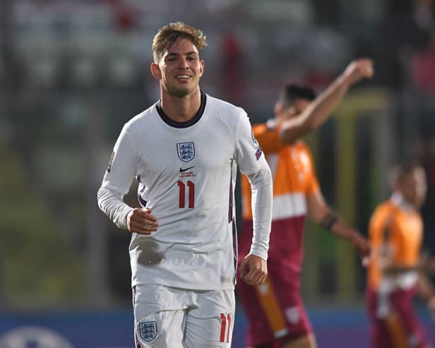Emile Smith Rowe of England celebrates after scoring their team’s seventh goal during the 2022 FIFA World Cup Qualifier match between San Marino and England. Credit: Alessandro Sabattini/Getty Images