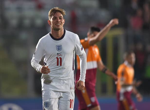 <p>Emile Smith Rowe of England celebrates after scoring their team’s seventh goal during the 2022 FIFA World Cup Qualifier match between San Marino and England. Credit: Alessandro Sabattini/Getty Images</p>