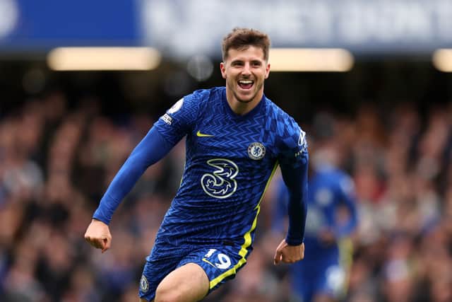 Mason Mount of Chelsea celebrates after scoring his sides first goal  (Photo by Alex Pantling/Getty Images)
