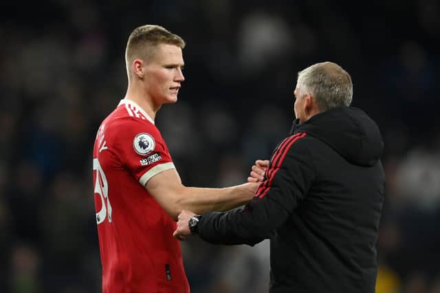 Scott McTominay embraces Ole Gunnar Solskjaer, Manager of Manchester Unitaed  (Photo by Mike Hewitt/Getty Images)