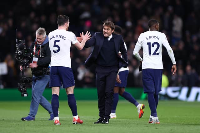 Antonio Conte, Manager of Tottenham Hotspur congratulates Pierre-Emile Hojbjerg  (Photo by Ryan Pierse/Getty Images)