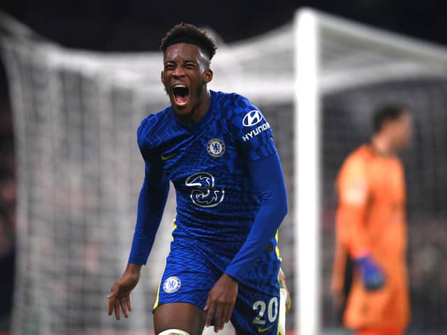 Callum Hudson-Odoi of Chelsea celebrates after scoring their side’s third goal  (Photo by Mike Hewitt/Getty Images)