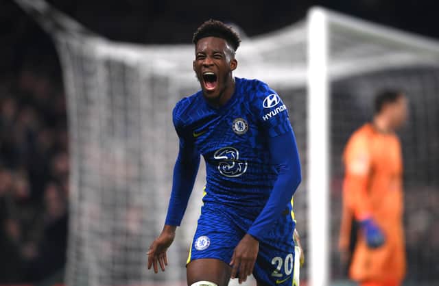 Callum Hudson-Odoi of Chelsea celebrates after scoring their side’s third goal  (Photo by Mike Hewitt/Getty Images)