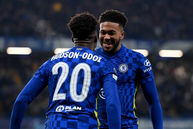 Callum Hudson-Odoi of Chelsea celebrates with Reece James after scoring their side's third goal (Photo by Mike Hewitt/Getty Images)