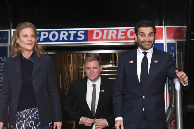 New Newcastle Head Coach Eddie Howe (c) pictured at his unveiling press conference (Photo by Stu Forster/Getty Images)