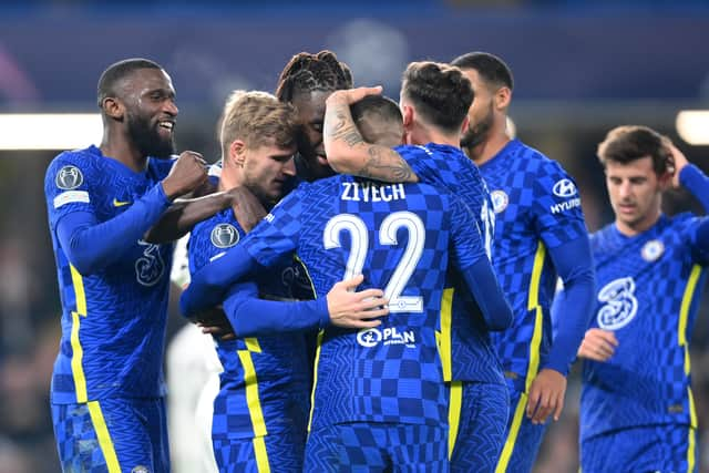 Timo Werner of Chelsea celebrates after scoring their side’s fourth goal with team mates (Photo by Mike Hewitt/Getty Images)