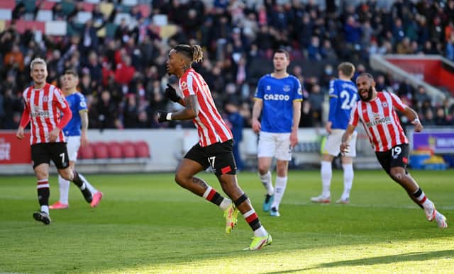 Ivan  Toney celebrates after scoring his side’s first goal from the penalty spot (Photo by Justin Setterfield/Getty Images)