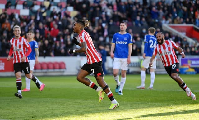 <p>Ivan Toney celebrates after scoring his side’s first goal from the penalty spot (Photo by Justin Setterfield/Getty Images)</p>