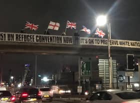 Anti-refugee banner drop by the Blackwall Tunnel. Credit: National Housing Party UK/Twitter