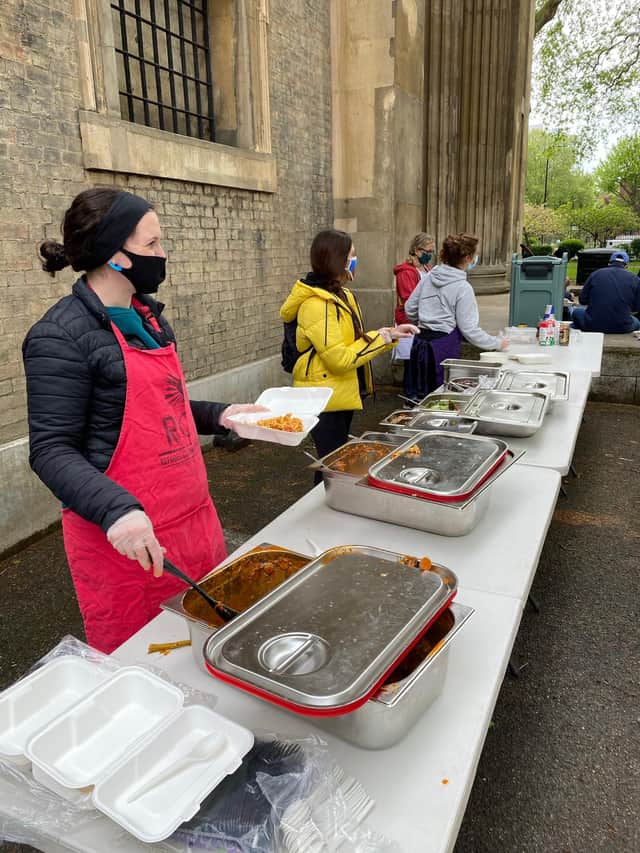 <p>LondonWorld reporter Lynn Rusk is a volunteer at the Refugee Community Kitchen in Old Street. Credit: Lynn Rusk</p>