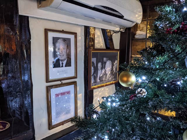 Photographs of prime minister Ted Heath in the Kings Head in Bexley village. Credit: Lynn Rusk