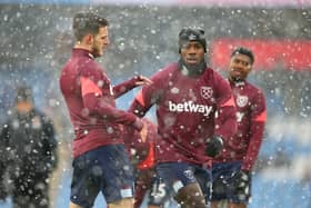 Michail Antonio and Declan Rice of West Ham United warm up prior to the Premier League (Photo by Alex Livesey/Getty Images)