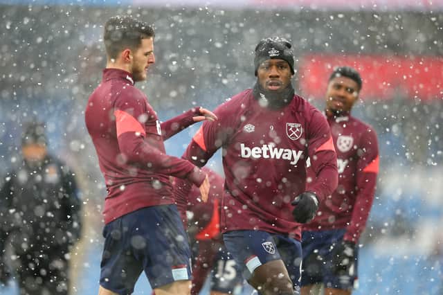 Michail Antonio and Declan Rice of West Ham United warm up prior to the Premier League (Photo by Alex Livesey/Getty Images)