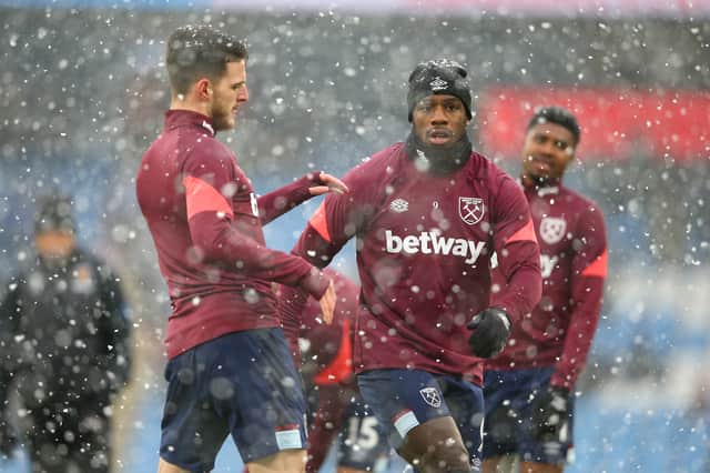 Michail Antonio and Declan Rice of West Ham United warm up prior to the Premier League (Photo by Alex Livesey/Getty Images)