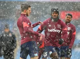 Michail Antonio and Declan Rice of West Ham United warm up prior to the Premier League (Photo by Alex Livesey/Getty Images)