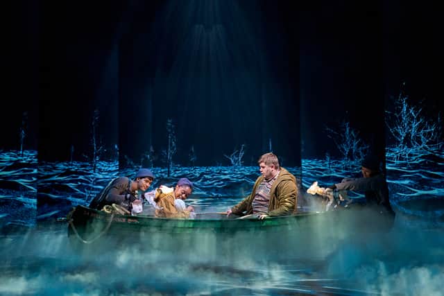 Left to right: Sky Young (Ben), Ella Dacres (Alice Parslow), Samuel Creasey (Malcolm Polstead), Heather Forster (Asta). Credit: Manuel Harlan