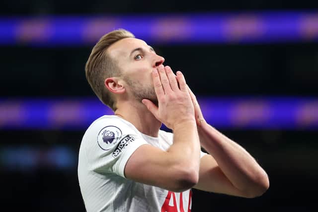 Harry Kane of Tottenham Hotspur reacts during the Premier League match  (Photo by Julian Finney/Getty Images)