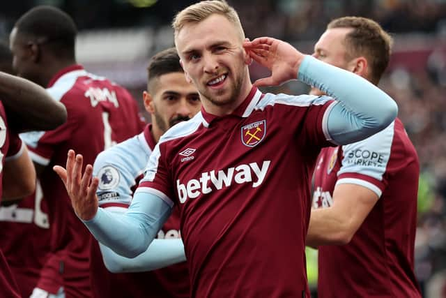 Jarrod Bowen of West Ham United celebrates after scoring their team’s second Photo by Alex Pantling/Getty Images)