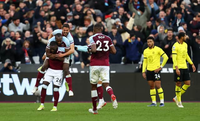 Arthur Masuaku celebrates with Michail Antonio and Pablo Fornals of West Ham United  (Photo by Julian Finney/Getty Images)