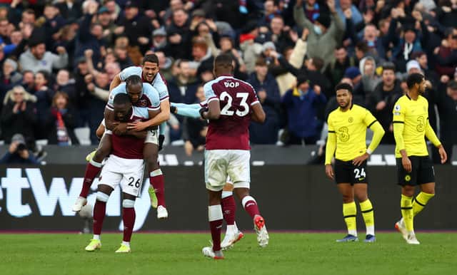Arthur Masuaku celebrates with Michail Antonio and Pablo Fornals of West Ham United (Photo by Julian Finney/Getty Images)