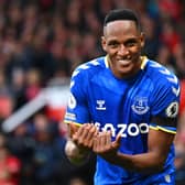 Yerry Mina of Everton celebrates after scoring a goal (Photo by Clive Mason/Getty Images)