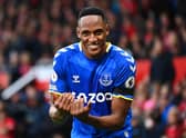 Yerry Mina of Everton celebrates after scoring a goal (Photo by Clive Mason/Getty Images)
