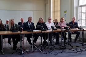 From left: Thomas Walgate and Sarah Sak, Anthony Walgate’s parents; Adam and Amanda Whitworth, father and stepmother of Daniel Whitworth; Neil Hudgell, solicitor; Jenny and Donna Taylor, sisters of Jack Taylor. In back row from right: Colin Taylor, Jeanette Taylor, parents of Jack Taylor, and Donna’s partner, Andy Ireland. Photo: LondonWorld