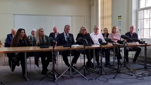 From left: Thomas Walgate and Sarah Sak, Anthony Walgate’s parents; Adam and Amanda Whitworth, father and stepmother of Daniel Whitworth; Neil Hudgell, solicitor; Jenny and Donna Taylor, sisters of Jack Taylor. In back row from right: Colin Taylor, Jeanette Taylor, parents of Jack Taylor, and Donna’s partner, Andy Ireland. Photo: LondonWorld