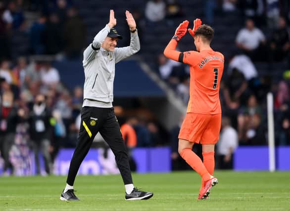 Kepa Arrizabalaga embraces Thomas Tuchel, Manager of Chelsea after their sides victory (Photo by Laurence Griffiths/Getty Images)