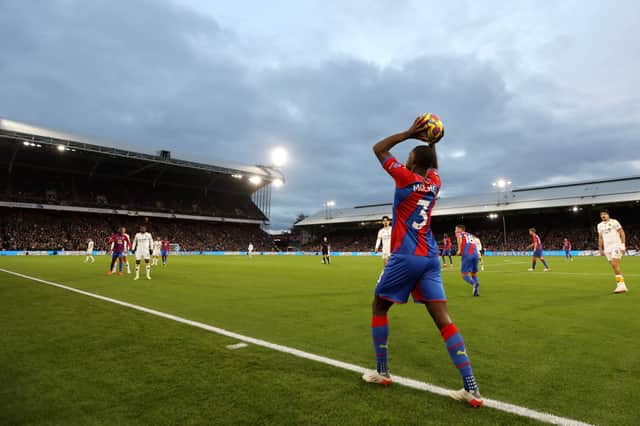 <p>Tyrick Mitchell of Crystal Palace takes a throw in during the Premier League match between Crystal Palace (Photo by Paul Harding/Getty Images)</p>