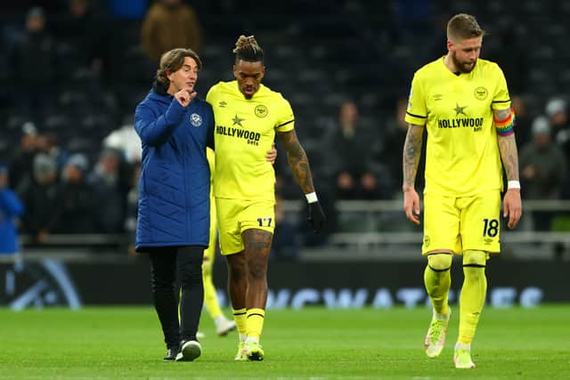 Thomas Frank, Manager of Brentford in discusion with Ivan Toney after the Premier League match (Photo by Clive Rose/Getty Images)