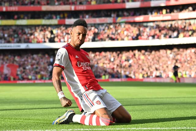 Arsenal's Gabonese striker Pierre-Emerick Aubameyang celebrates after scoring (Photo by BEN STANSALL/AFP via Getty Images)