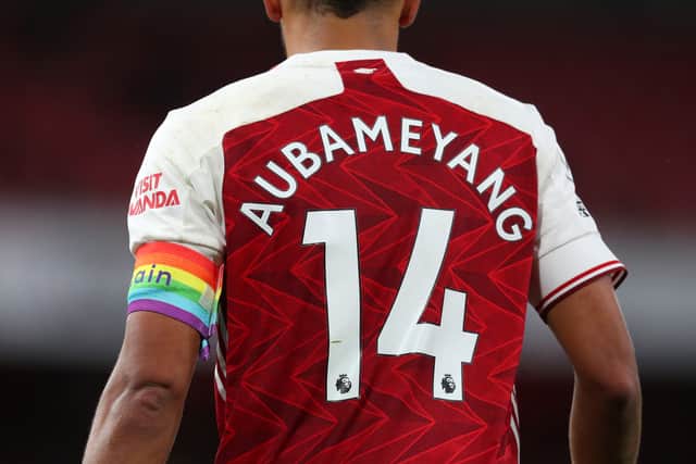 The back of Pierre-Emerick Aubameyang of Arsenal wearing a rainbow captains (Photo by Catherine Ivill/Getty Images )
