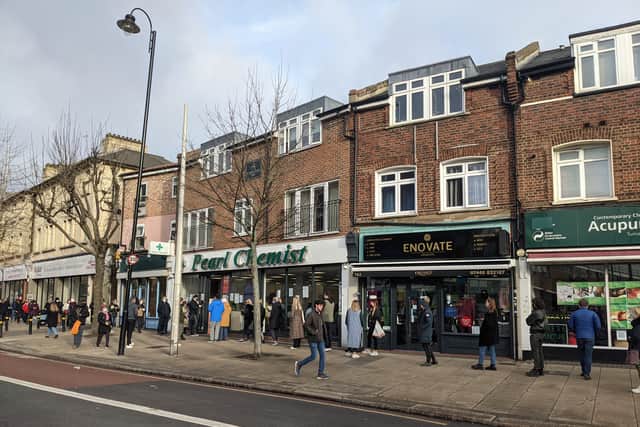 The queue at Pearl Chemist pharmacy Tooting. Credit: Lynn Rusk