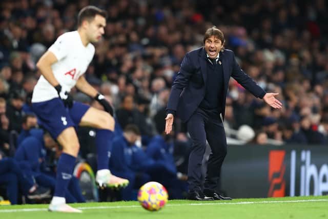 Antonio Conte, Manager of Tottenham Hotspur gestures as Sergio Reguilon of Tottenham Hotspur  (Photo by Julian Finney/Getty Images)