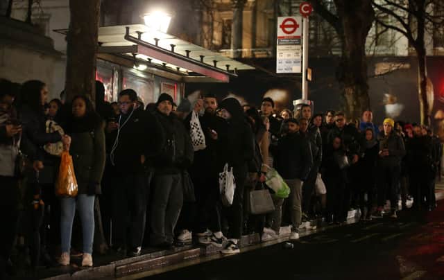<p>Londoners queue for buses during a previous Tube strike. Credit: DANIEL LEAL/AFP via Getty Images</p>