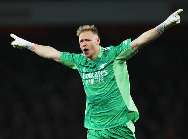 Aaron Ramsdale of Arsenal celebrates after their side’s third goal, scored by Gabriel Magalhaes  (Photo by Eddie Keogh/Getty Images)